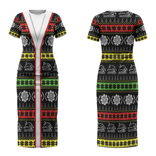 Panthers Rugby Christmas Couples Matching Short Sleeve Bodycon Dress and Long Sleeve Button Shirt Aboriginal Seamless Cardigan Inspired