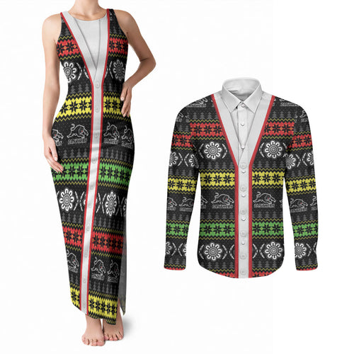Panthers Rugby Christmas Couples Matching Tank Maxi Dress and Long Sleeve Button Shirt Aboriginal Seamless Cardigan Inspired