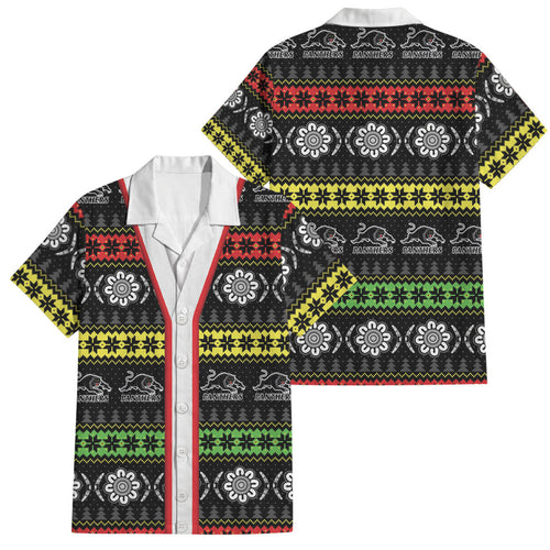 Panthers Rugby Christmas Family Matching Off The Shoulder Long Sleeve Dress and Hawaiian Shirt Aboriginal Seamless Cardigan Inspired