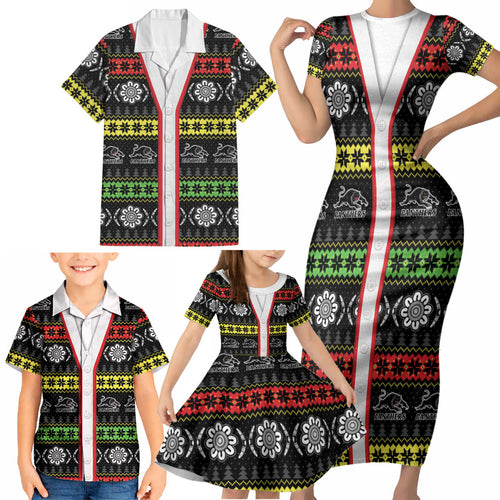 Panthers Rugby Christmas Family Matching Short Sleeve Bodycon Dress and Hawaiian Shirt Aboriginal Seamless Cardigan Inspired