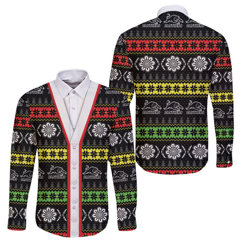 Panthers Rugby Christmas Family Matching Short Sleeve Bodycon Dress and Hawaiian Shirt Aboriginal Seamless Cardigan Inspired