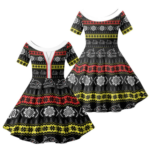 Panthers Rugby Christmas Family Matching Short Sleeve Bodycon Dress and Hawaiian Shirt Aboriginal Seamless Cardigan Inspired