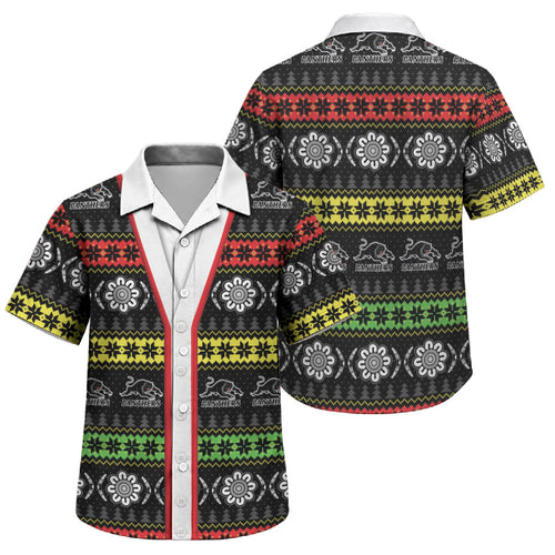Panthers Rugby Christmas Family Matching Short Sleeve Bodycon Dress and Hawaiian Shirt Aboriginal Seamless Cardigan Inspired