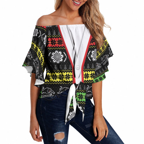 Panthers Rugby Christmas Off Shoulder Wrap Waist Top Aboriginal Seamless Cardigan Inspired