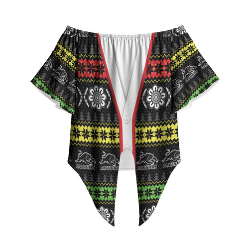 Panthers Rugby Christmas Off Shoulder Wrap Waist Top Aboriginal Seamless Cardigan Inspired