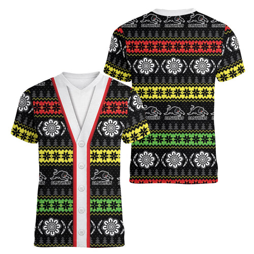 Panthers Rugby Christmas Women V-Neck T-Shirt Aboriginal Seamless Cardigan Inspired