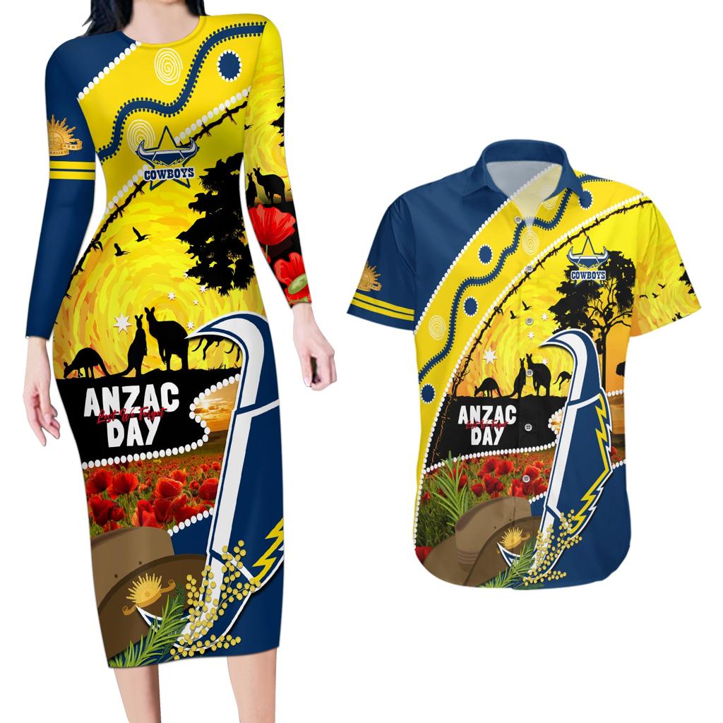 Cowboys ANZAC Day Couples Matching Long Sleeve Bodycon Dress and Hawaiian Shirt Rosemary Starring Night Style