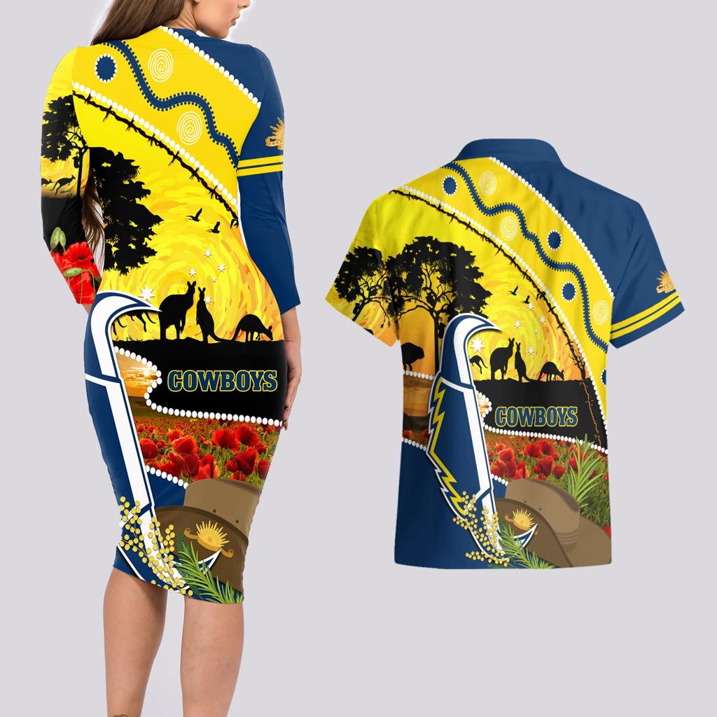 Cowboys ANZAC Day Couples Matching Long Sleeve Bodycon Dress and Hawaiian Shirt Rosemary Starring Night Style