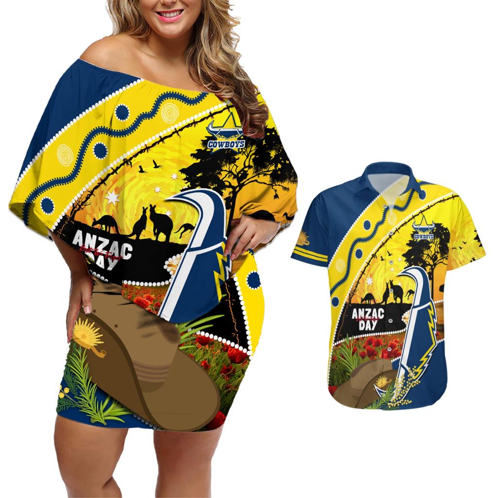 Cowboys ANZAC Day Couples Matching Off Shoulder Short Dress and Hawaiian Shirt Rosemary Starring Night Style