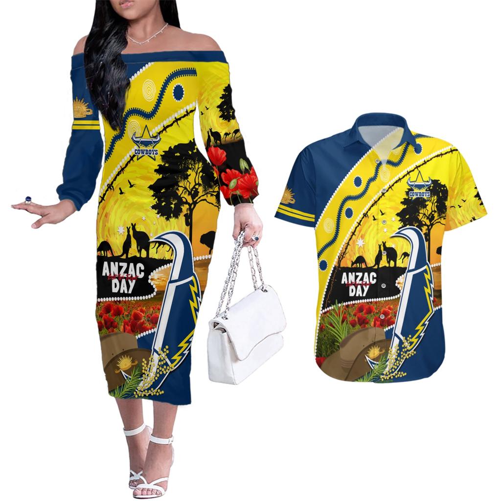 Cowboys ANZAC Day Couples Matching Off The Shoulder Long Sleeve Dress and Hawaiian Shirt Rosemary Starring Night Style