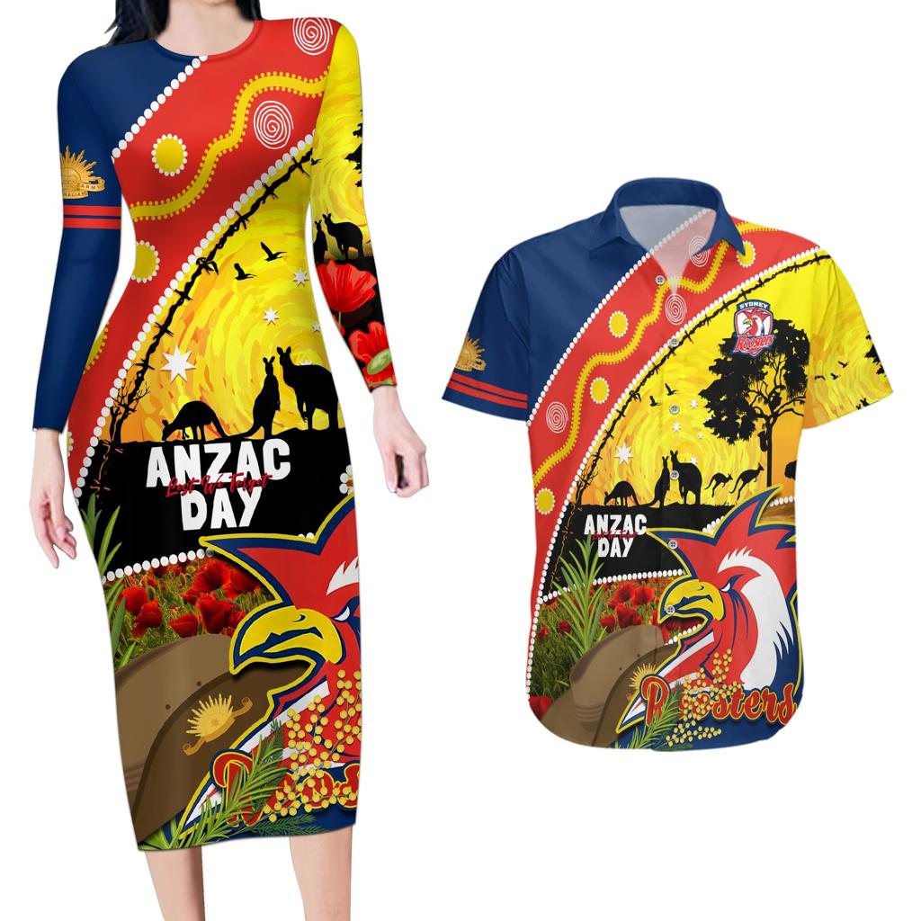 Roosters ANZAC Day Couples Matching Long Sleeve Bodycon Dress and Hawaiian Shirt Rosemary Starring Night Style