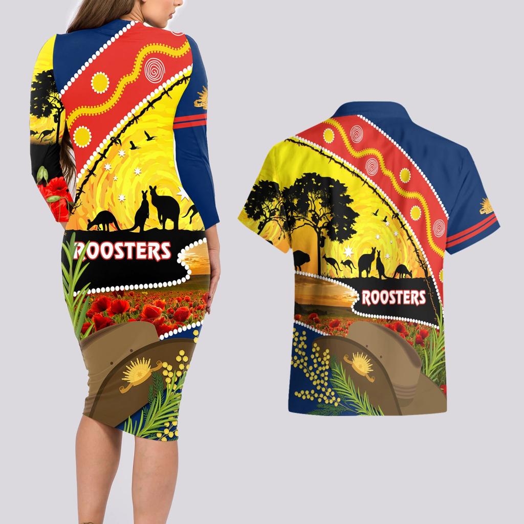 Roosters ANZAC Day Couples Matching Long Sleeve Bodycon Dress and Hawaiian Shirt Rosemary Starring Night Style
