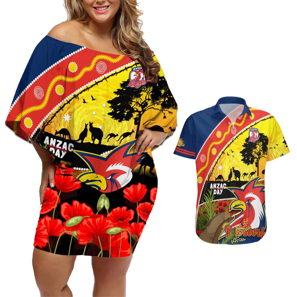 Roosters ANZAC Day Couples Matching Off Shoulder Short Dress and Hawaiian Shirt Rosemary Starring Night Style