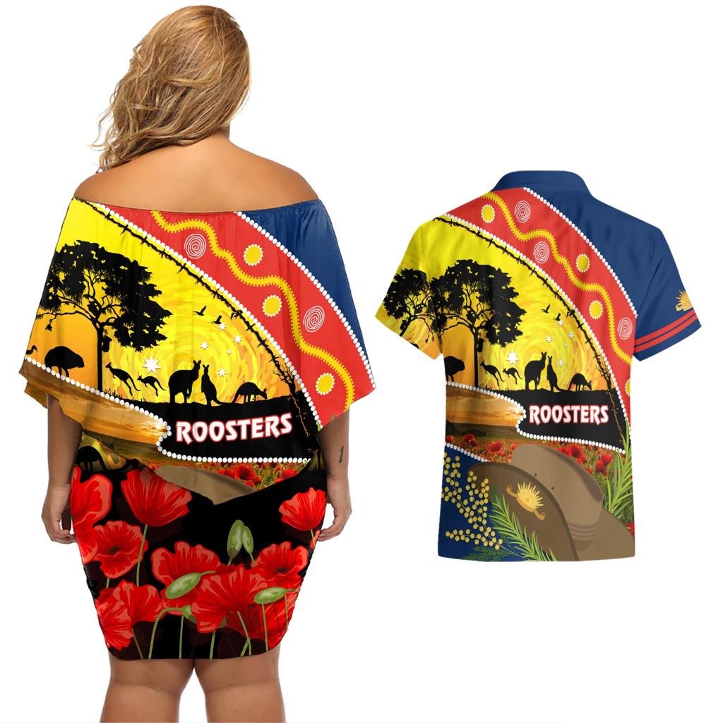 Roosters ANZAC Day Couples Matching Off Shoulder Short Dress and Hawaiian Shirt Rosemary Starring Night Style