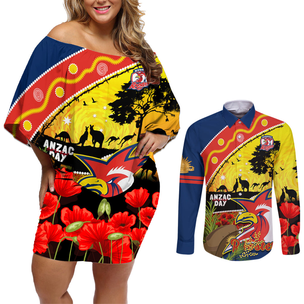 Roosters ANZAC Day Couples Matching Off Shoulder Short Dress and Long Sleeve Button Shirt Rosemary Starring Night Style