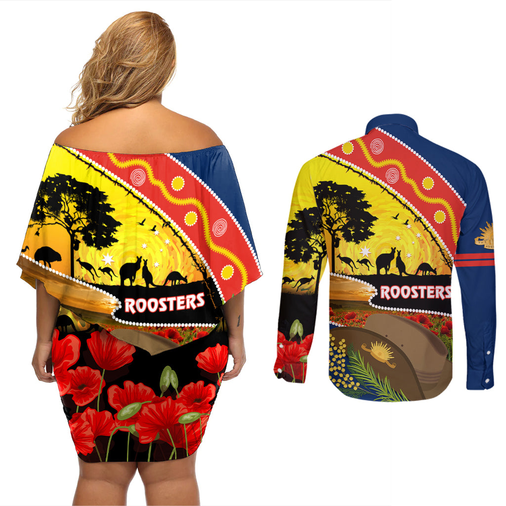 Roosters ANZAC Day Couples Matching Off Shoulder Short Dress and Long Sleeve Button Shirt Rosemary Starring Night Style