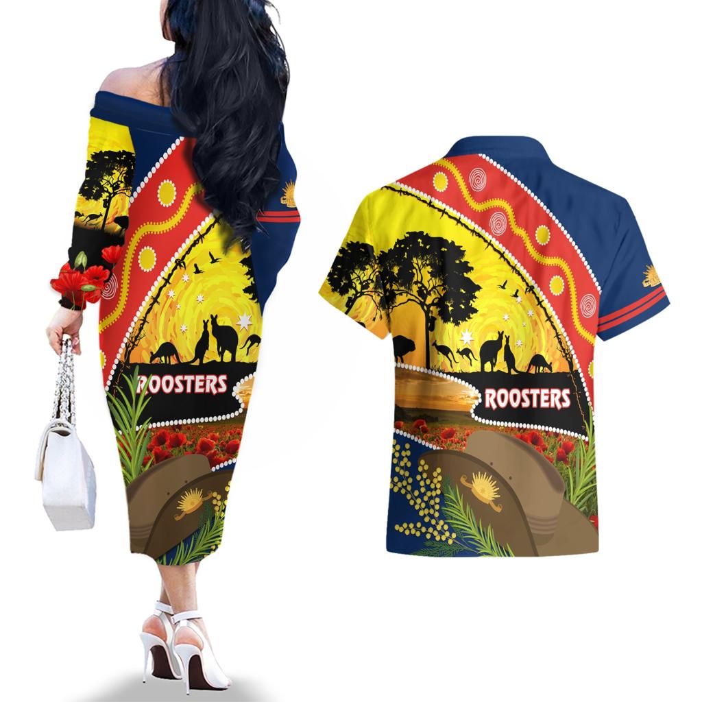 Roosters ANZAC Day Couples Matching Off The Shoulder Long Sleeve Dress and Hawaiian Shirt Rosemary Starring Night Style