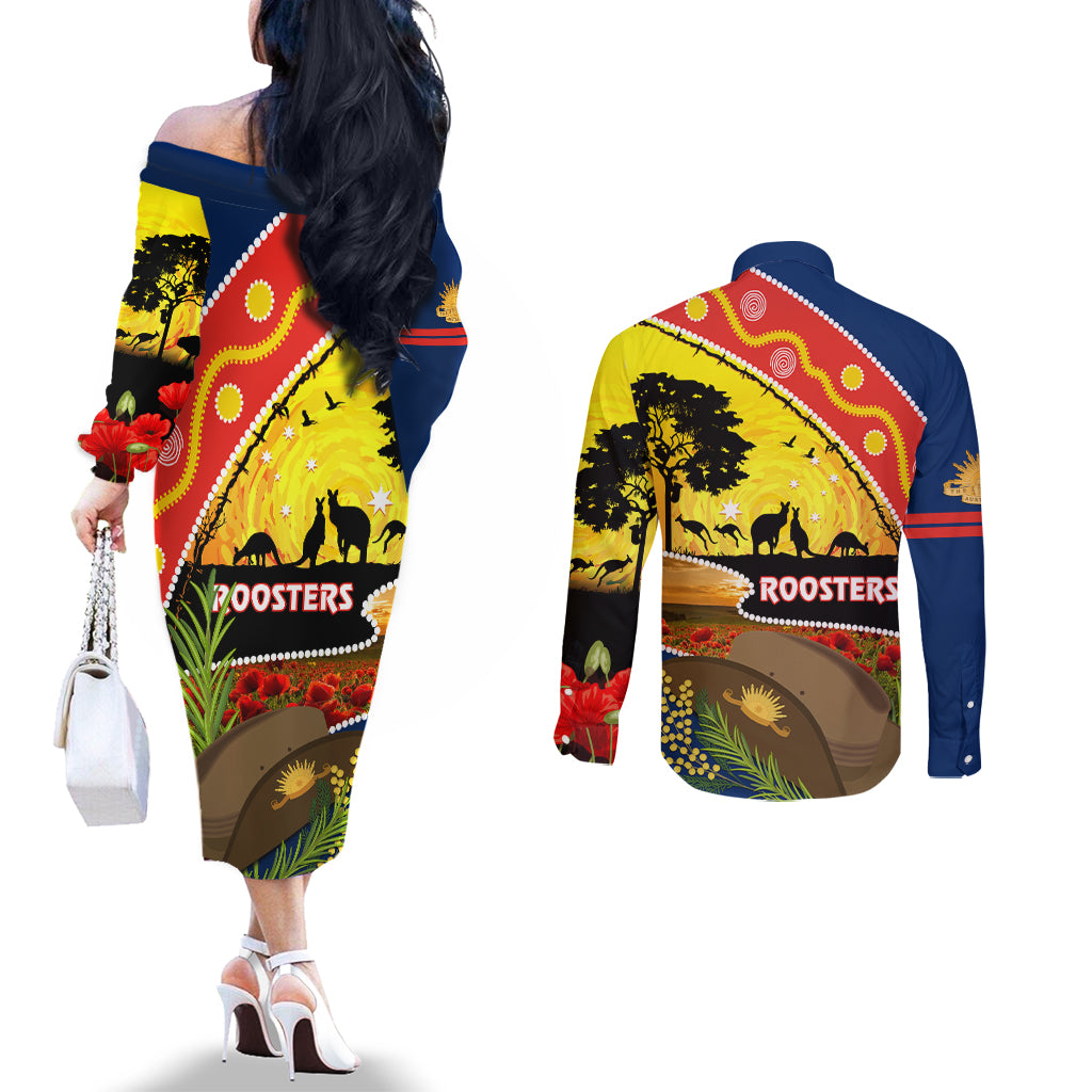 Roosters ANZAC Day Couples Matching Off The Shoulder Long Sleeve Dress and Long Sleeve Button Shirt Rosemary Starring Night Style