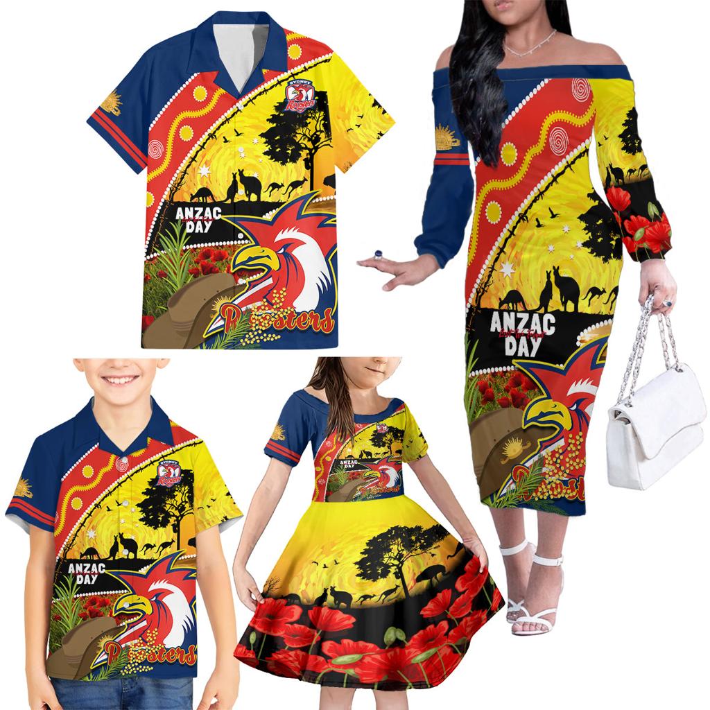 Roosters ANZAC Day Family Matching Off Shoulder Long Sleeve Dress and Hawaiian Shirt Rosemary Starring Night Style