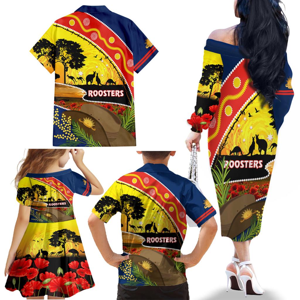 Roosters ANZAC Day Family Matching Off Shoulder Long Sleeve Dress and Hawaiian Shirt Rosemary Starring Night Style