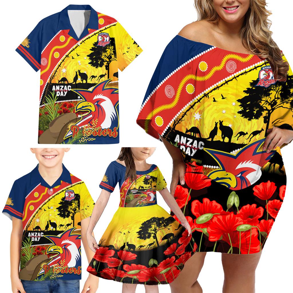 Roosters ANZAC Day Family Matching Off Shoulder Short Dress and Hawaiian Shirt Rosemary Starring Night Style