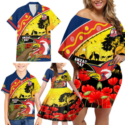 Roosters ANZAC Day Family Matching Off Shoulder Short Dress and Hawaiian Shirt Rosemary Starring Night Style