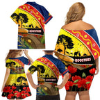 Roosters ANZAC Day Family Matching Off Shoulder Short Dress and Hawaiian Shirt Rosemary Starring Night Style