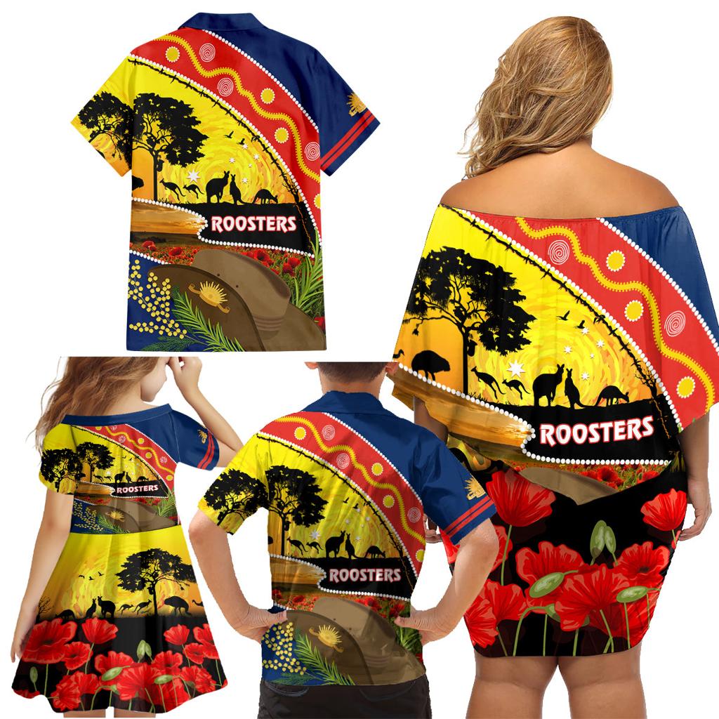 Roosters ANZAC Day Family Matching Off Shoulder Short Dress and Hawaiian Shirt Rosemary Starring Night Style