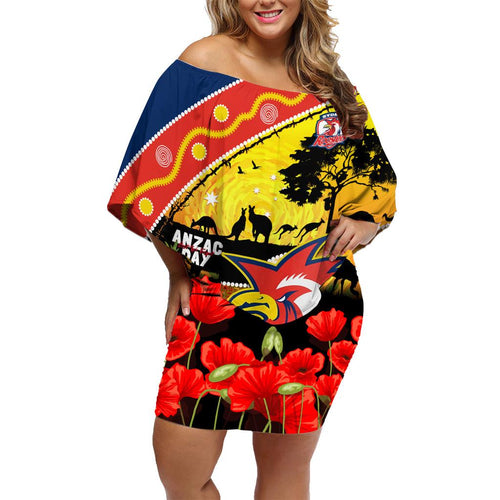 Roosters ANZAC Day Family Matching Off Shoulder Short Dress and Hawaiian Shirt Rosemary Starring Night Style