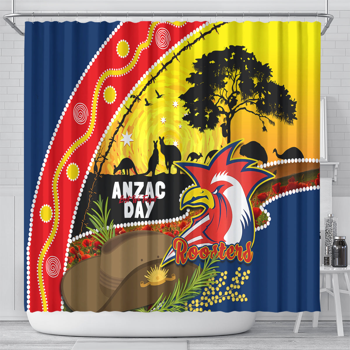 Roosters ANZAC Day Shower Curtain Rosemary Starring Night Style