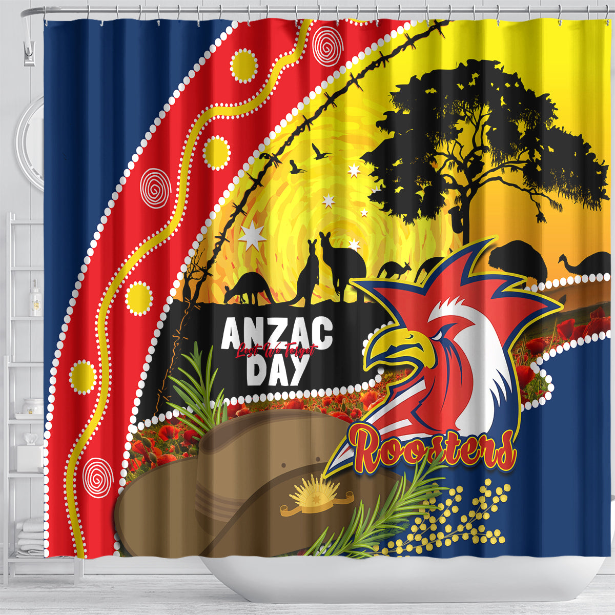 Roosters ANZAC Day Shower Curtain Rosemary Starring Night Style
