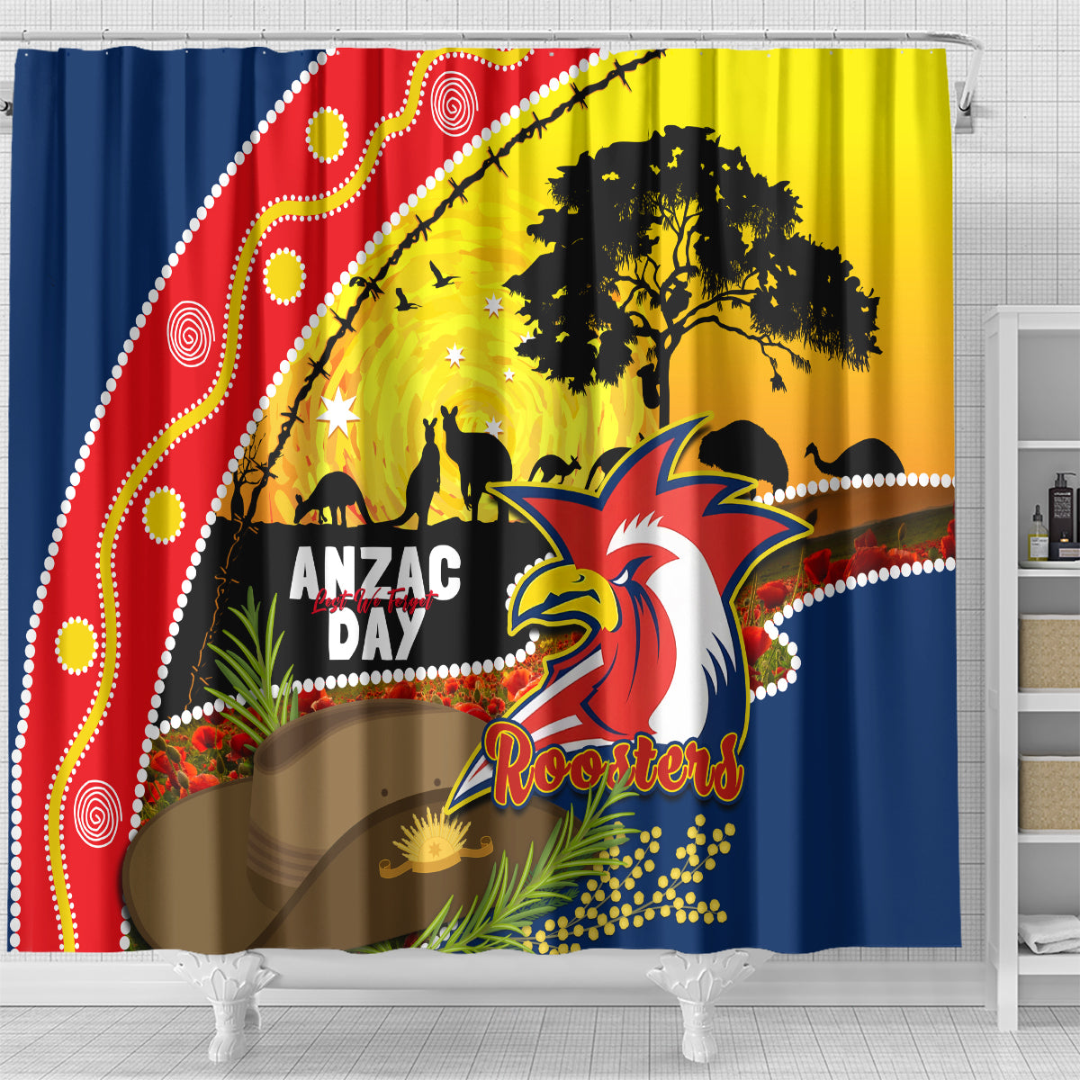 Roosters ANZAC Day Shower Curtain Rosemary Starring Night Style