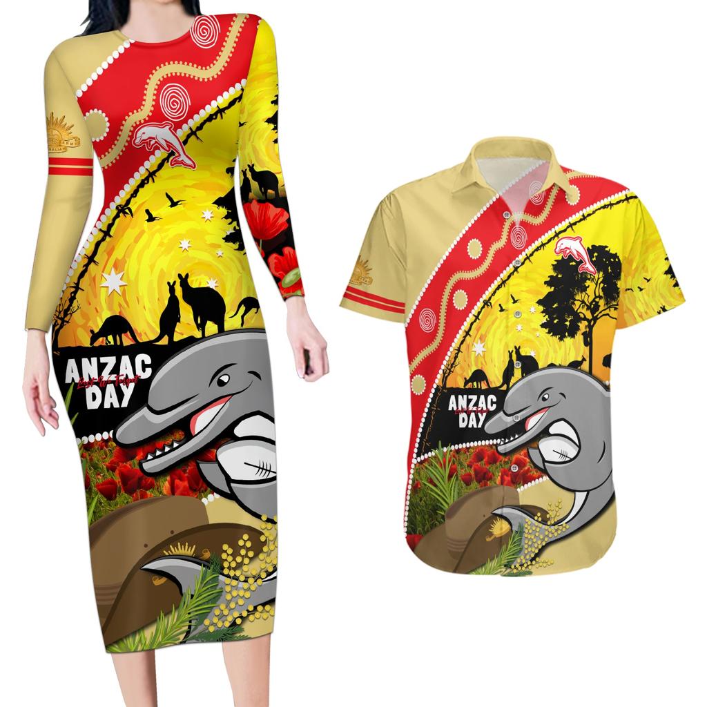 Dolphins ANZAC Day Couples Matching Long Sleeve Bodycon Dress and Hawaiian Shirt Rosemary Starring Night Style