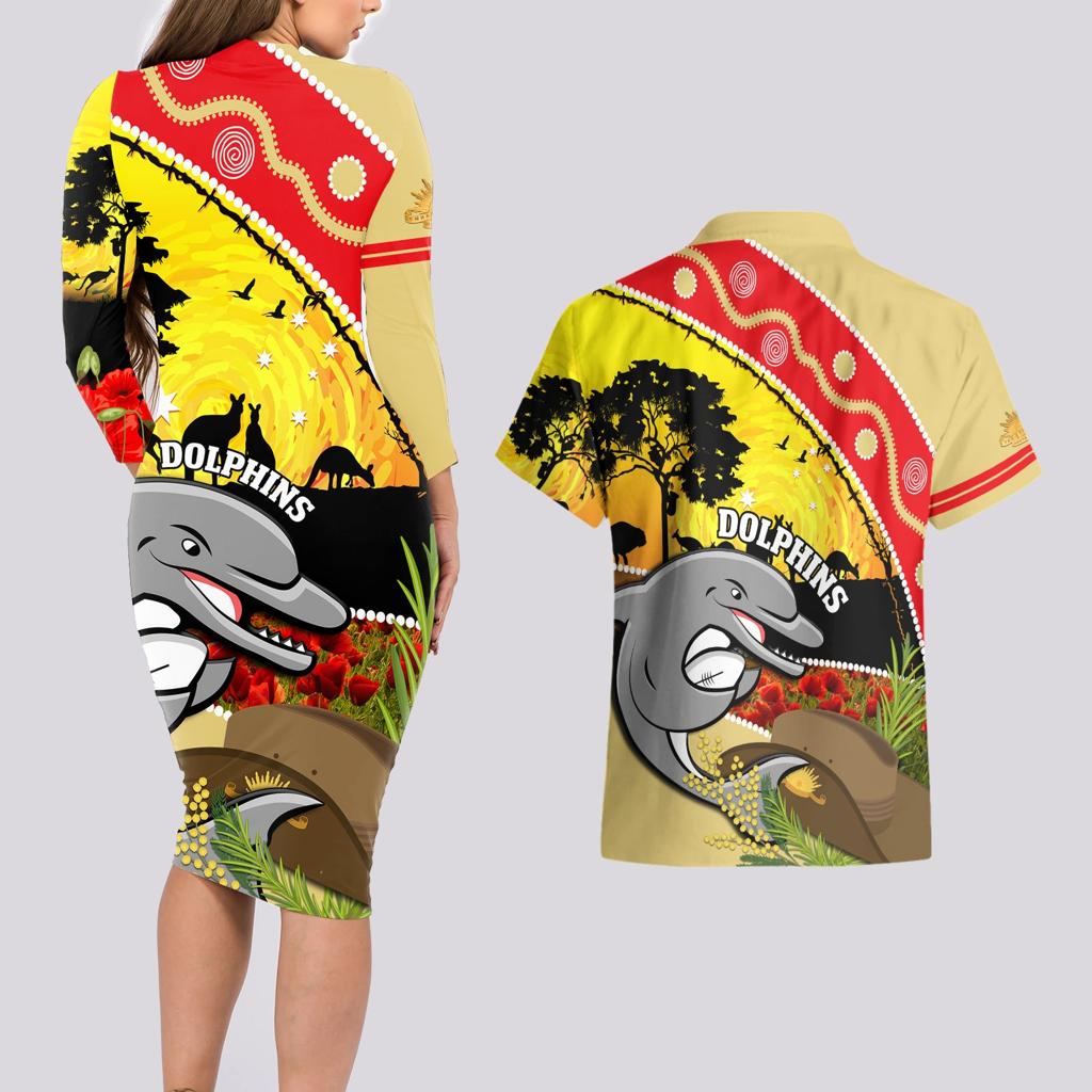 Dolphins ANZAC Day Couples Matching Long Sleeve Bodycon Dress and Hawaiian Shirt Rosemary Starring Night Style