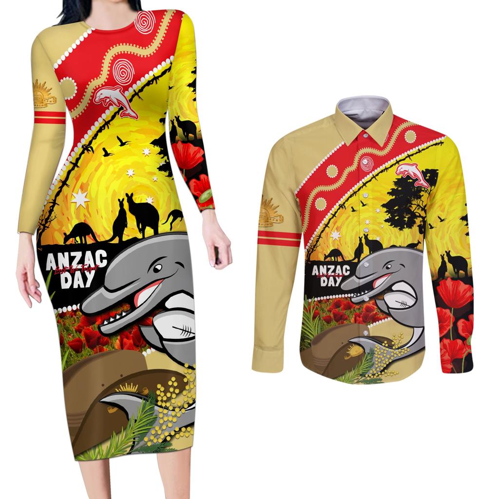 Dolphins ANZAC Day Couples Matching Long Sleeve Bodycon Dress and Long Sleeve Button Shirt Rosemary Starring Night Style