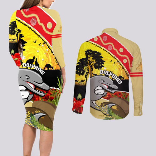 Dolphins ANZAC Day Couples Matching Long Sleeve Bodycon Dress and Long Sleeve Button Shirt Rosemary Starring Night Style