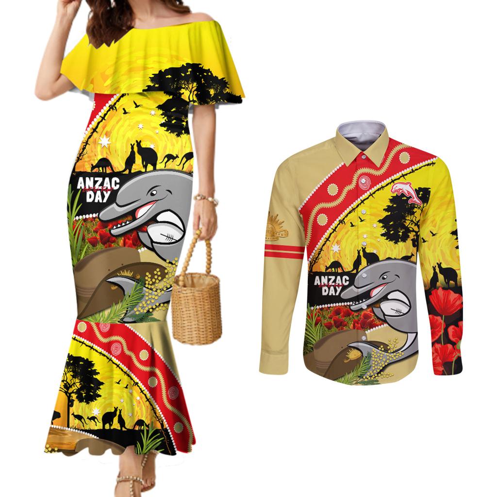 Dolphins ANZAC Day Couples Matching Mermaid Dress and Long Sleeve Button Shirt Rosemary Starring Night Style
