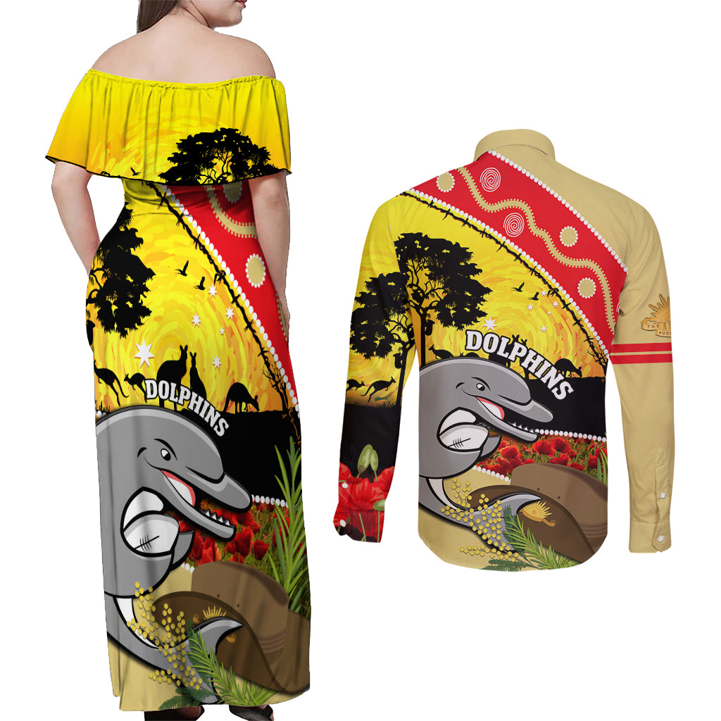 Dolphins ANZAC Day Couples Matching Off Shoulder Maxi Dress and Long Sleeve Button Shirt Rosemary Starring Night Style