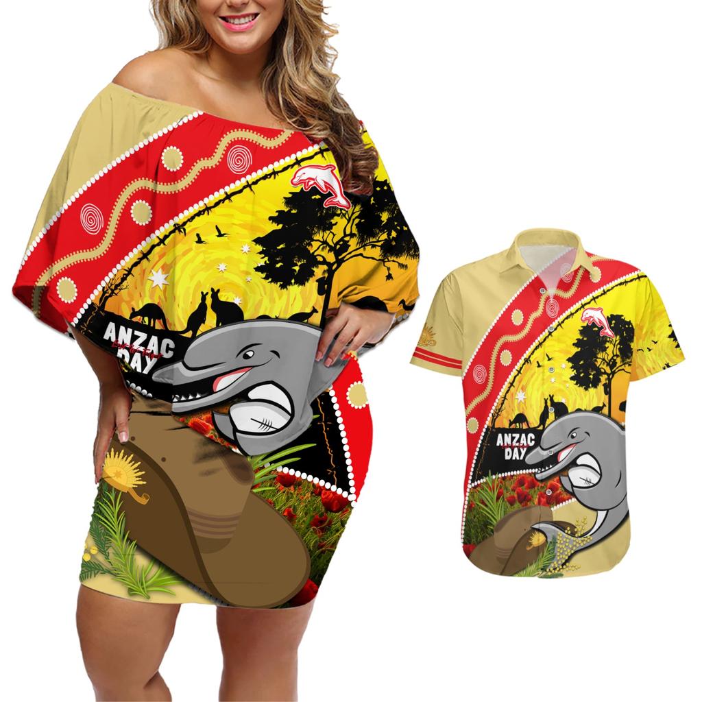 Dolphins ANZAC Day Couples Matching Off Shoulder Short Dress and Hawaiian Shirt Rosemary Starring Night Style
