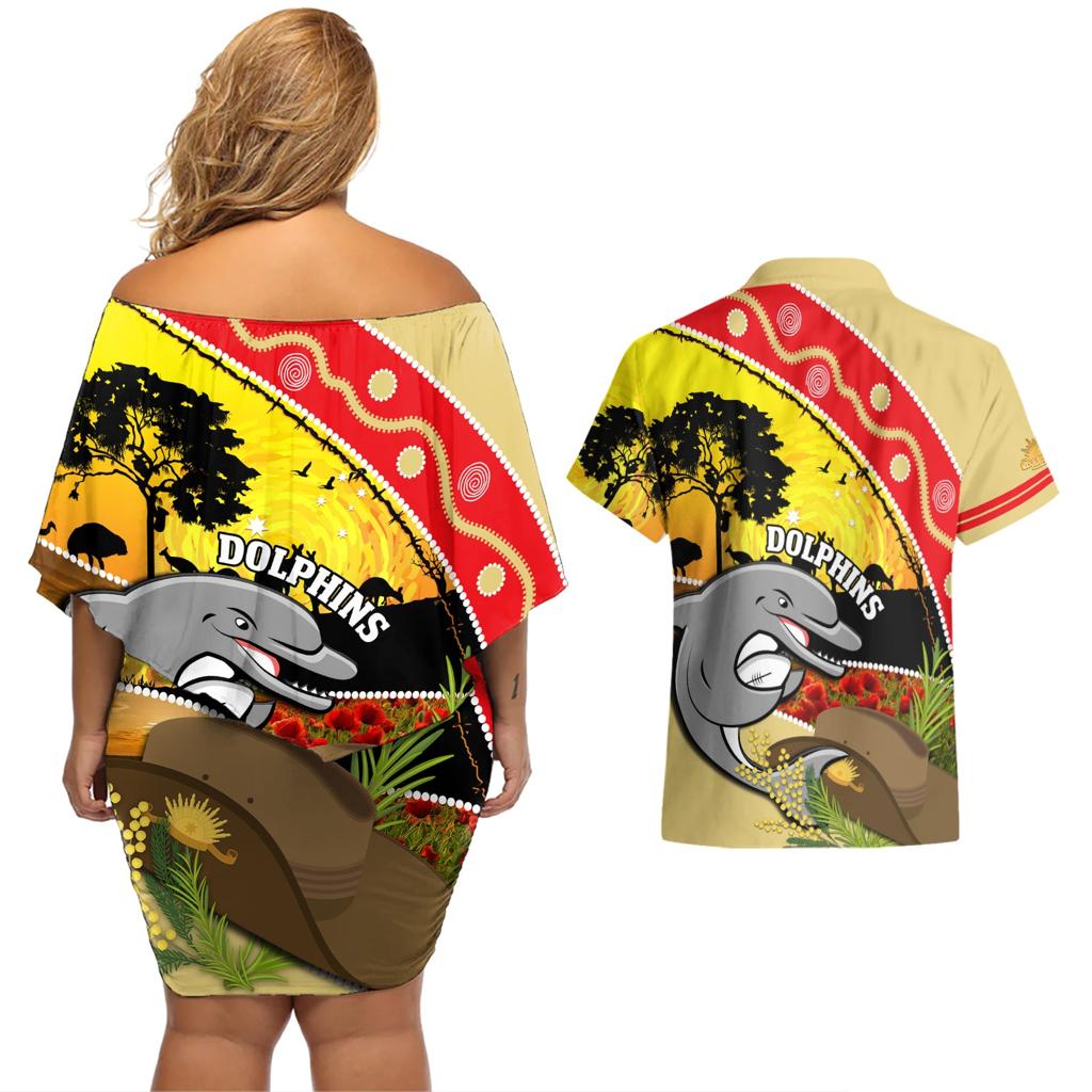 Dolphins ANZAC Day Couples Matching Off Shoulder Short Dress and Hawaiian Shirt Rosemary Starring Night Style