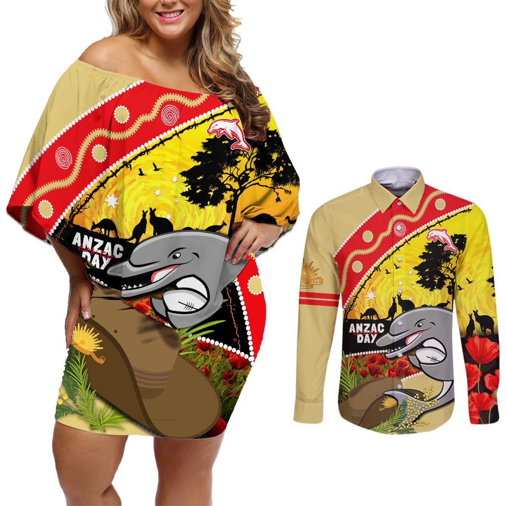Dolphins ANZAC Day Couples Matching Off Shoulder Short Dress and Long Sleeve Button Shirt Rosemary Starring Night Style