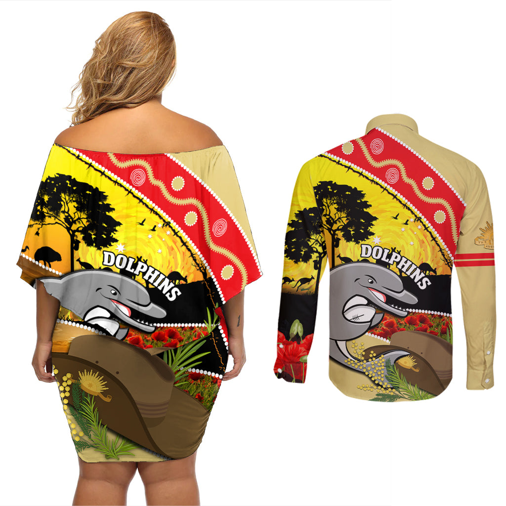 Dolphins ANZAC Day Couples Matching Off Shoulder Short Dress and Long Sleeve Button Shirt Rosemary Starring Night Style