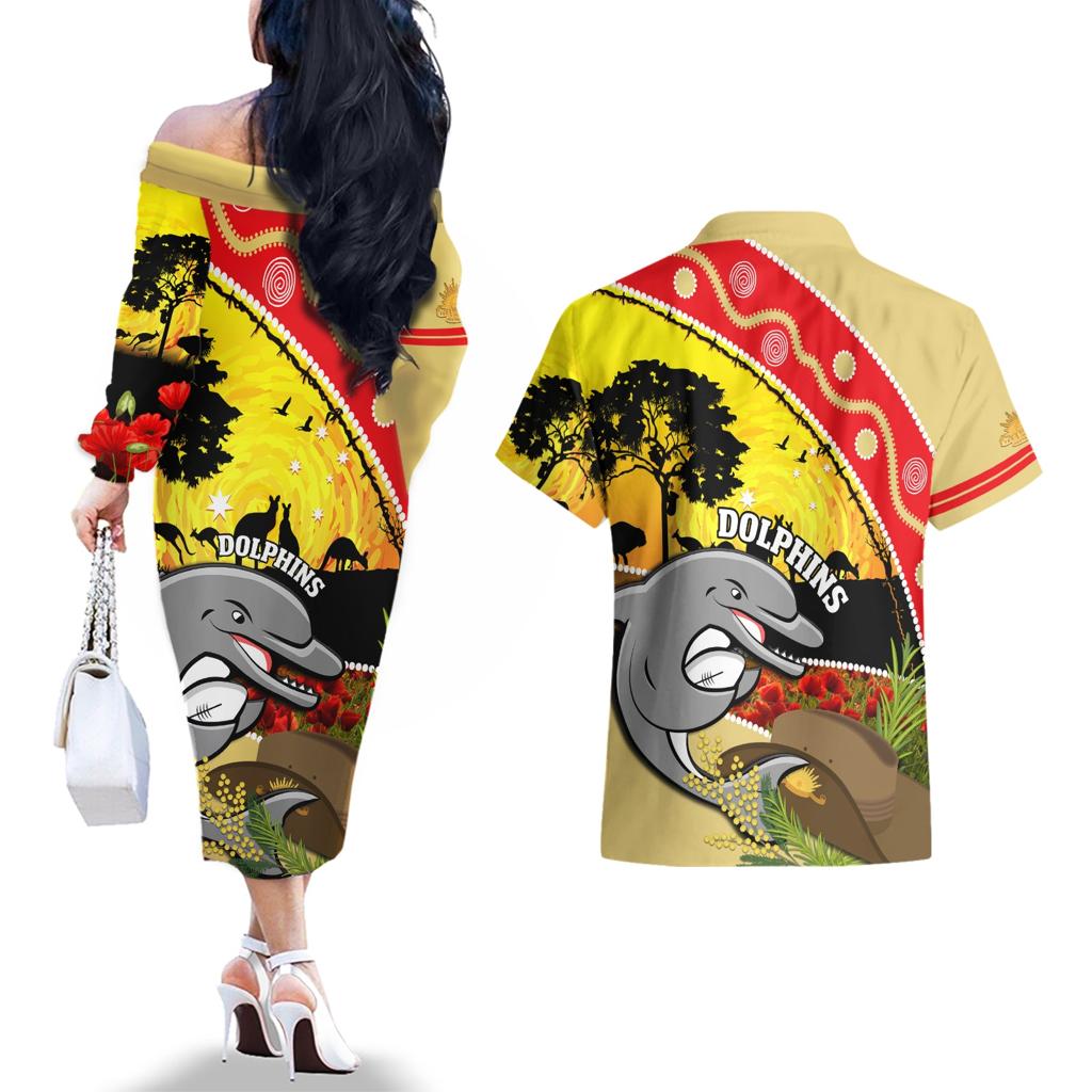 Dolphins ANZAC Day Couples Matching Off The Shoulder Long Sleeve Dress and Hawaiian Shirt Rosemary Starring Night Style