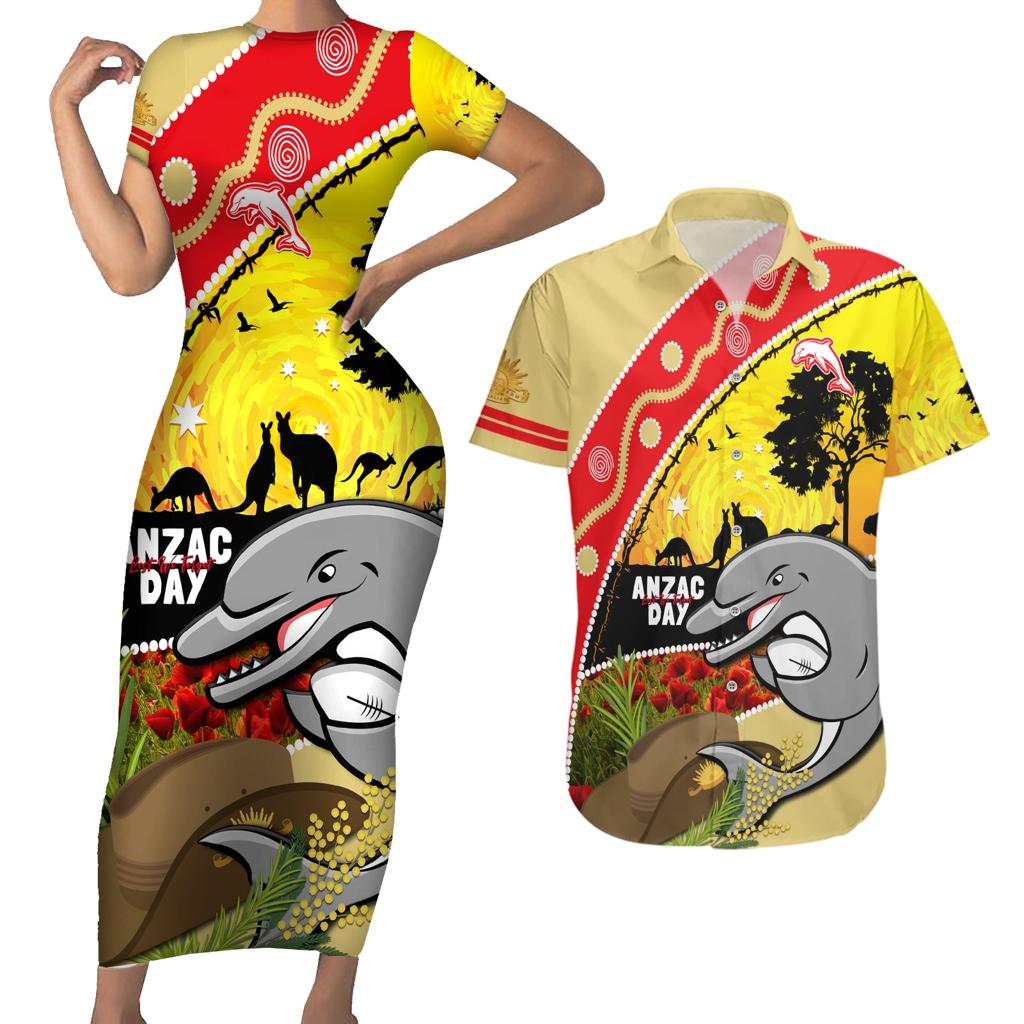 Dolphins ANZAC Day Couples Matching Short Sleeve Bodycon Dress and Hawaiian Shirt Rosemary Starring Night Style