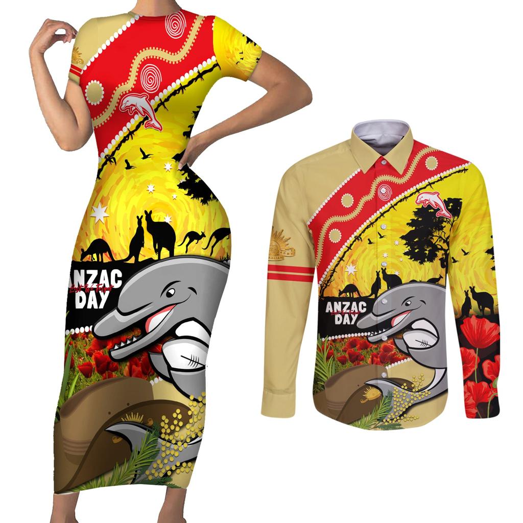 Dolphins ANZAC Day Couples Matching Short Sleeve Bodycon Dress and Long Sleeve Button Shirt Rosemary Starring Night Style