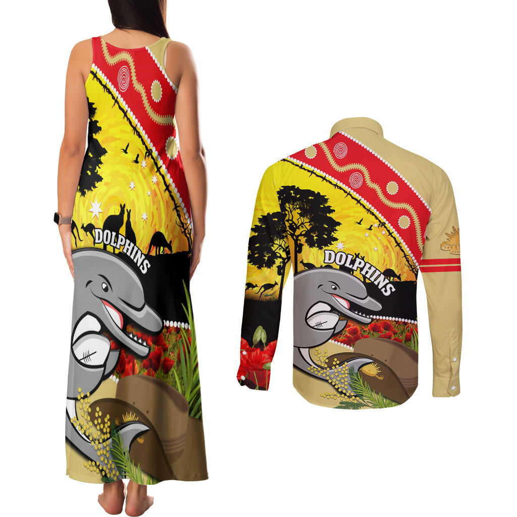 Dolphins ANZAC Day Couples Matching Tank Maxi Dress and Long Sleeve Button Shirt Rosemary Starring Night Style