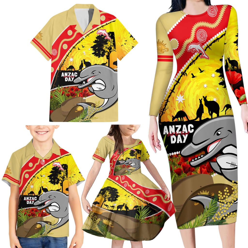 Dolphins ANZAC Day Family Matching Long Sleeve Bodycon Dress and Hawaiian Shirt Rosemary Starring Night Style