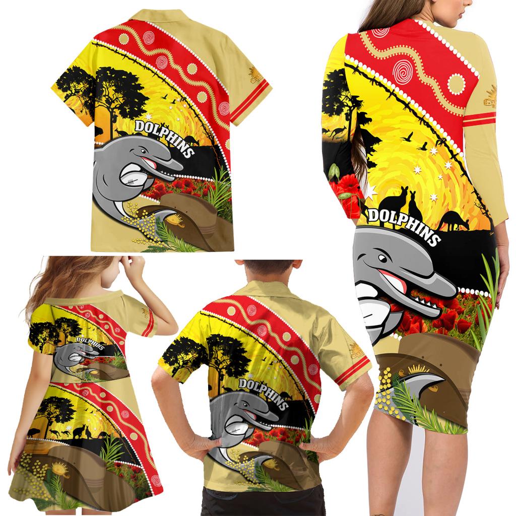 Dolphins ANZAC Day Family Matching Long Sleeve Bodycon Dress and Hawaiian Shirt Rosemary Starring Night Style