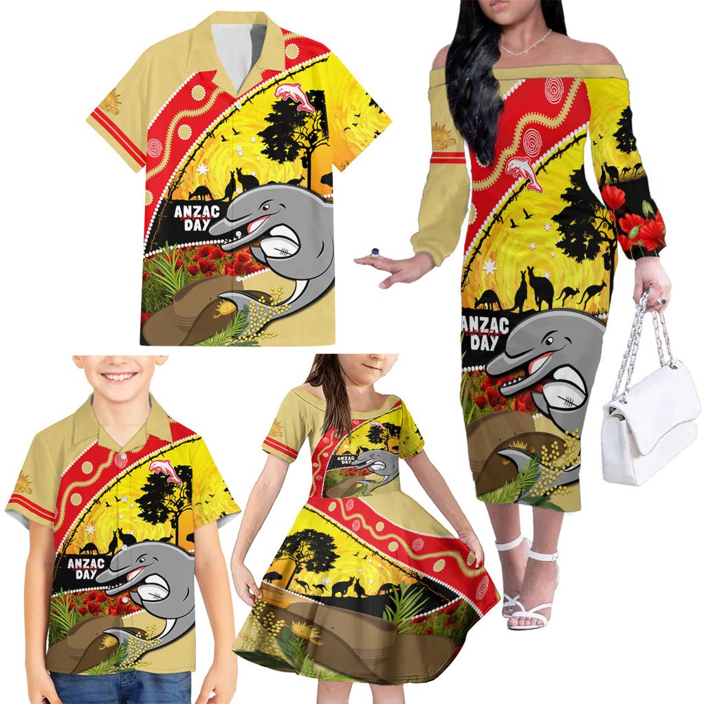 Dolphins ANZAC Day Family Matching Off Shoulder Long Sleeve Dress and Hawaiian Shirt Rosemary Starring Night Style
