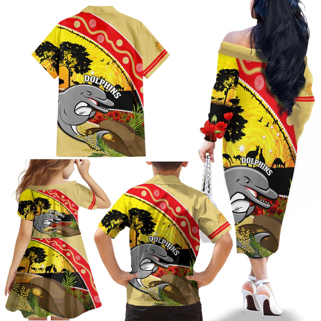 Dolphins ANZAC Day Family Matching Off Shoulder Long Sleeve Dress and Hawaiian Shirt Rosemary Starring Night Style